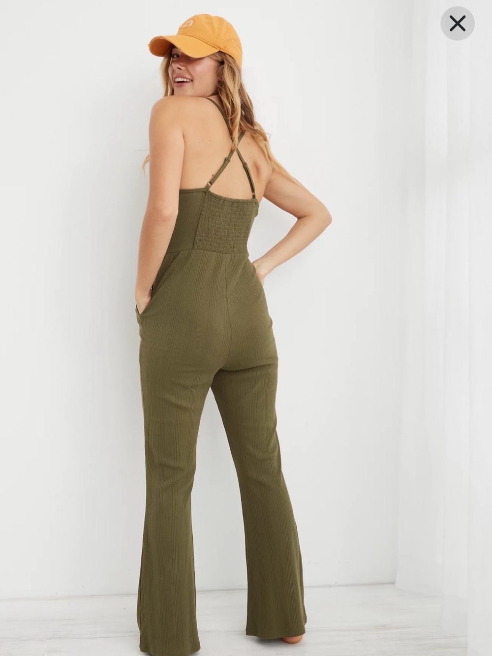 Aerie Kick It Olive Ribbed Crisscross Strap Flare Leg Jumpsuit size L - Picture 7 of 9
